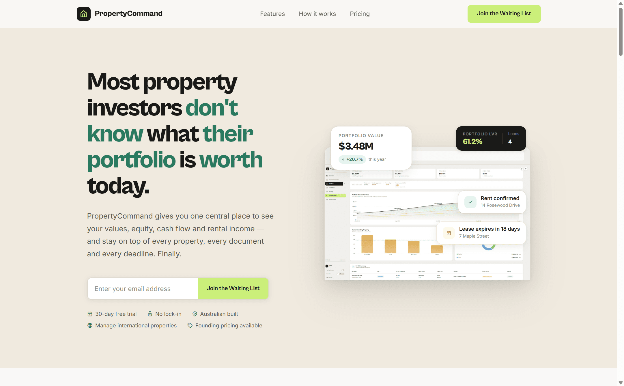 Property Command homepage, showing the headline and live portfolio dashboard preview